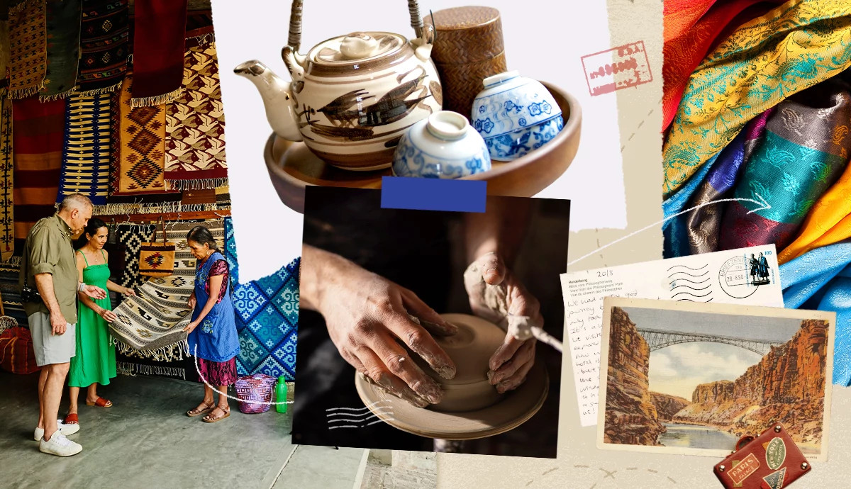 a collage of people looking at fabric, a postcard, a teapot set, and a person sculpting clay on a pottery wheel