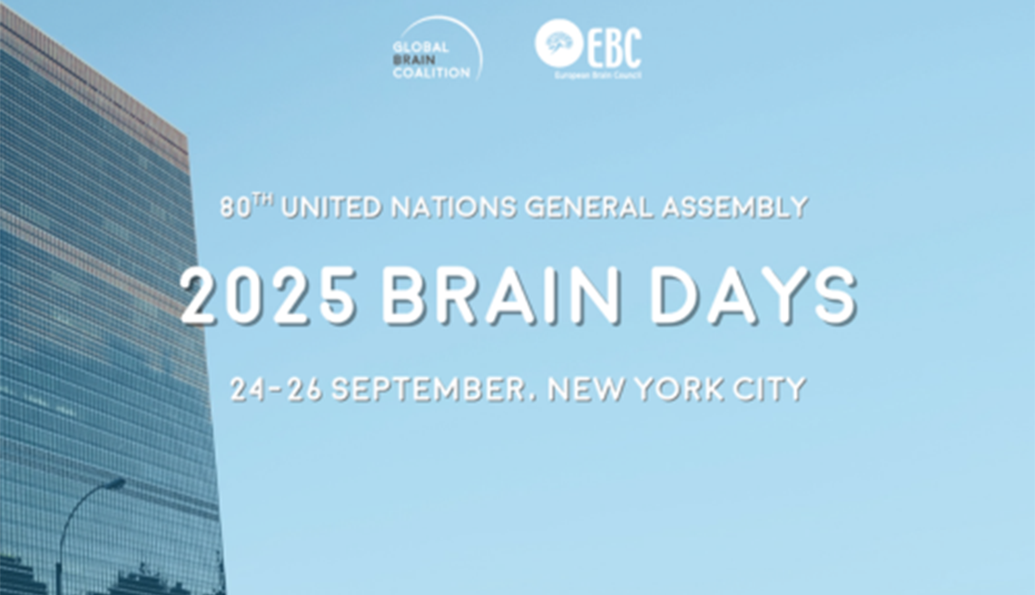 Promotion for the 2025 Brain Days at UNGA80 Text that says, "80th United Nations General Assembly," "2025 Brain Days" and "24-26 September, New York City" next to a glass office building