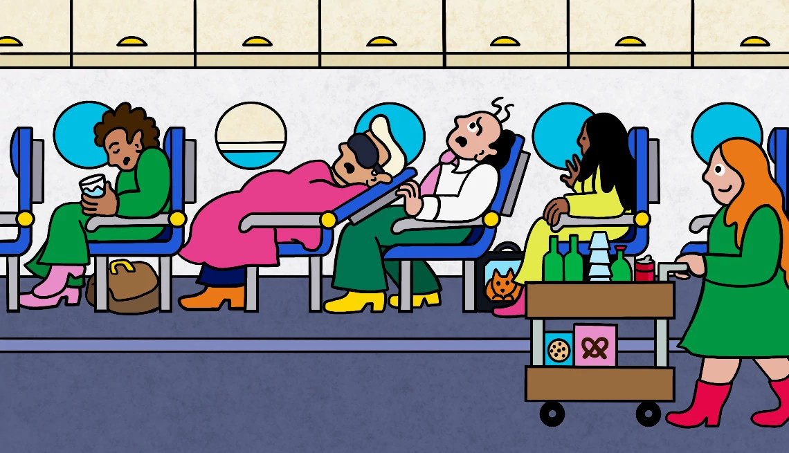 an illustration of a person reclining in an airplane seat and squishing a fellow passenger