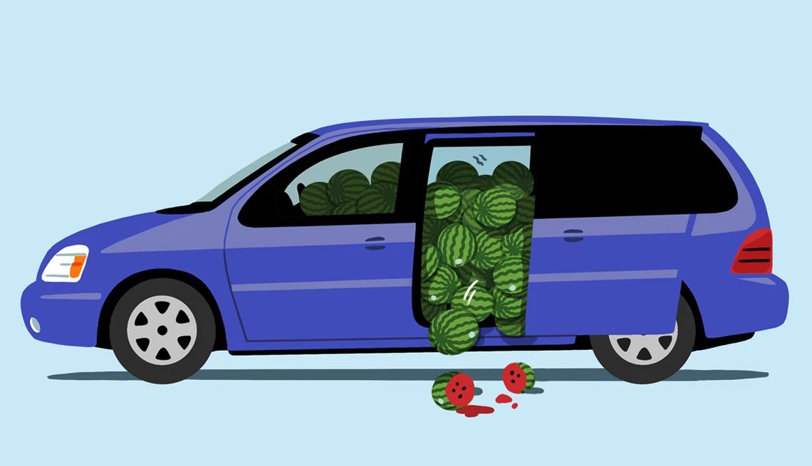 Shopping Mistakes fresh watermelons spill out of a blue minivan
