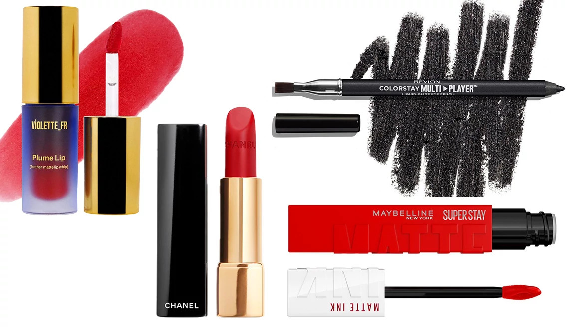 a collage with various cosmetics