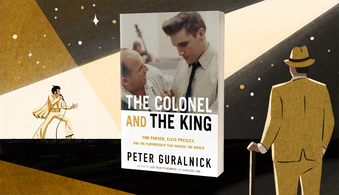 A New Look at the Man Who Managed Elvis an illustration showing elvis performing and colonel tom parker looking on, with the cover of the book 'the colonel and the king' in the center