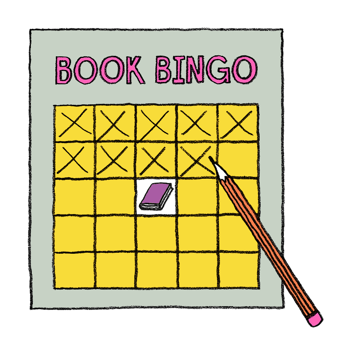 Illustrated Book Bingo reading challenge board featuring a yellow grid with several completed squares marked with Xs, a book icon in the center, and a pencil filling in a square