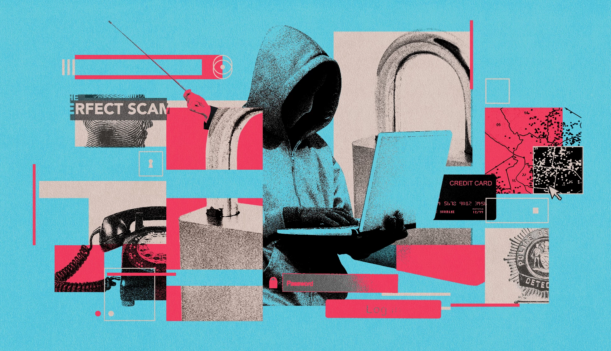 AARP Fights Fraud a hooded figure types on a laptop, surrounded by clips that indicate fraud activity and prevention