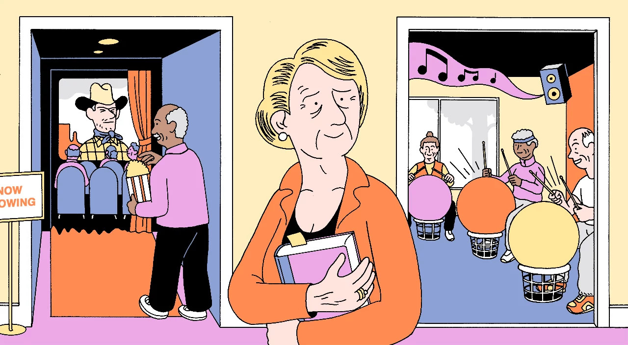 illustration of senior woman holding book walking past rooms with seniors watching a movie and playing instruments