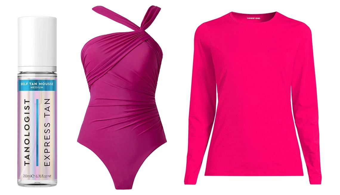 The Worst Beach Day Mistakes for Women Over 50 self-tanner, a magenta bathing suit and a pink long-sleeve shirt