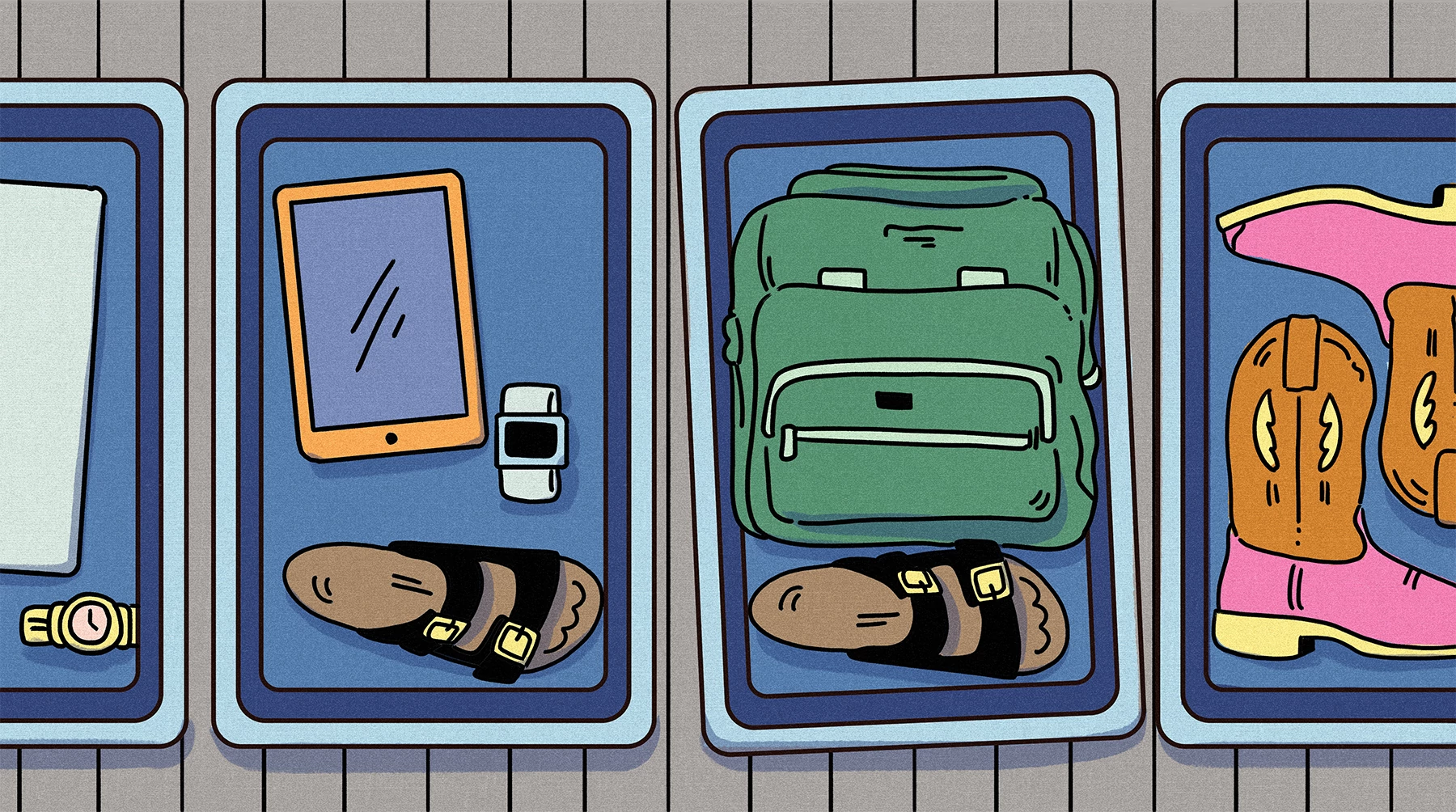 an illustration of clothing items and electronics in airport checkpoint bins