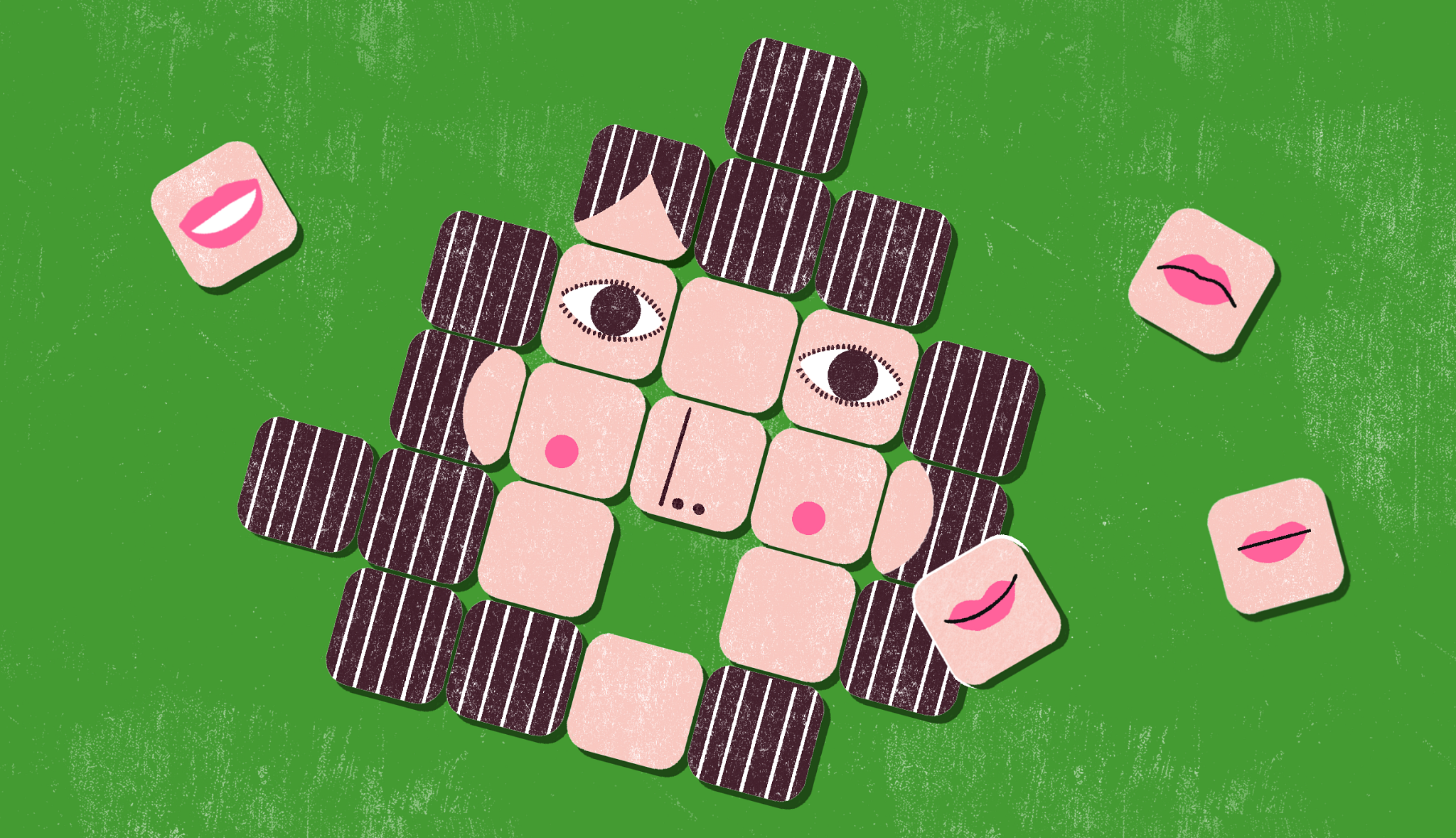 A face assembled from square tiles, with several facial features scattered around like puzzle pieces.