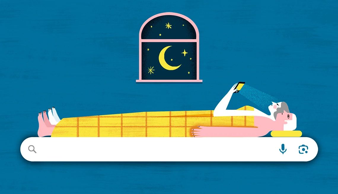 Questions older women ask about sex a couple lays in bed. one of them is on their phone