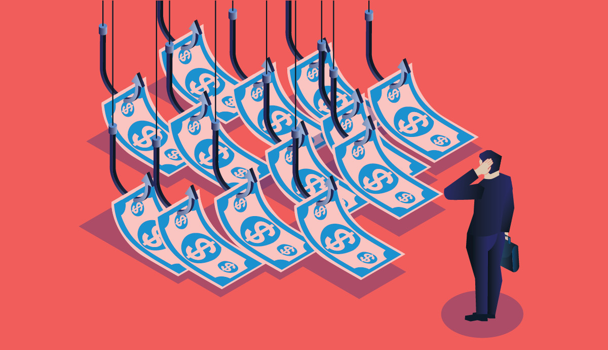 An illustration of a businessman contemplating which option to choose when looking at dollar bills attached to hooks like fish bait