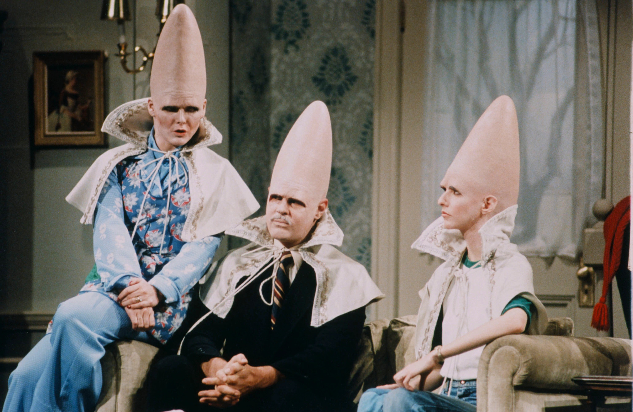 Dan Aykroyd, Jane Curtin and Laraine Newman as The Coneheads in a still from Saturday Night Live
