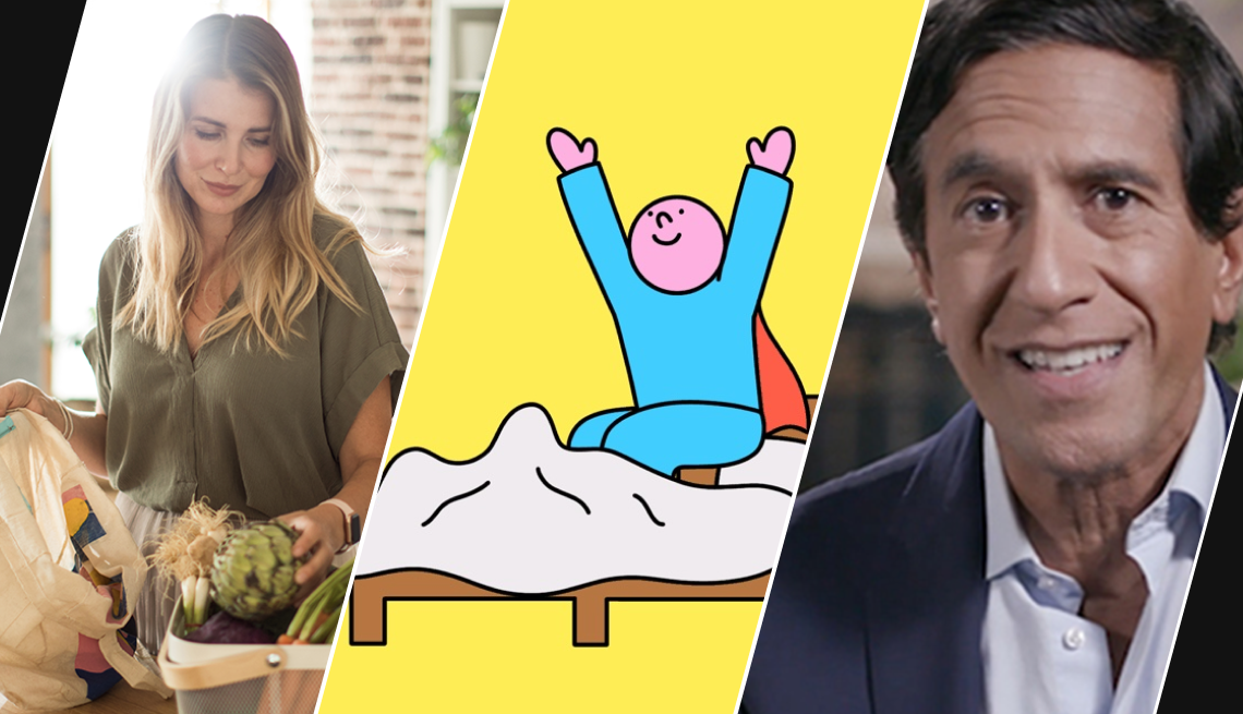A collage of a woman unpacking groceries, an illustration of a man with a cape flying out of bed and Dr. Sanjay Gupta