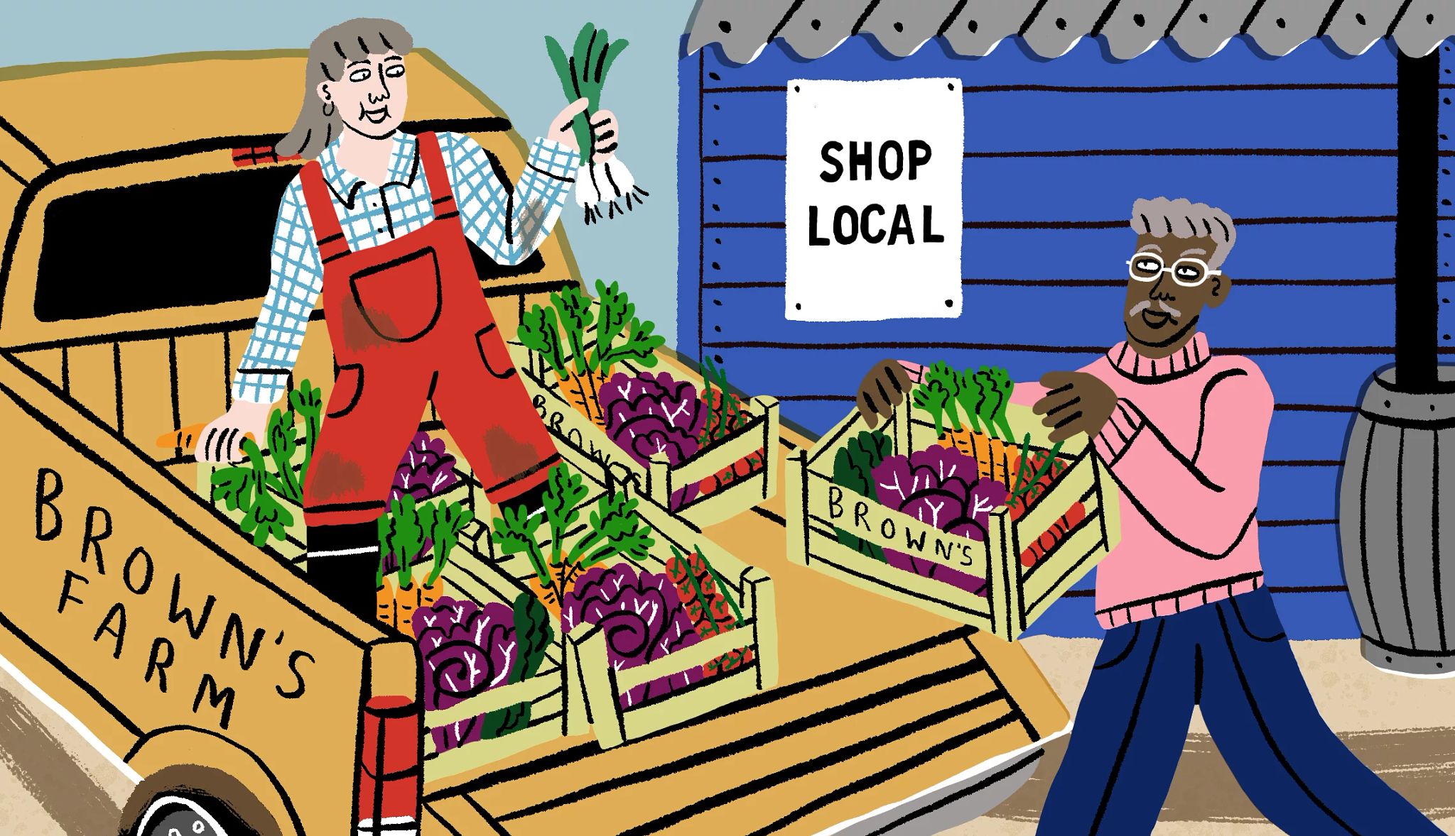 a CSA helps you shop local female farmer hands a box of produce to a male customer