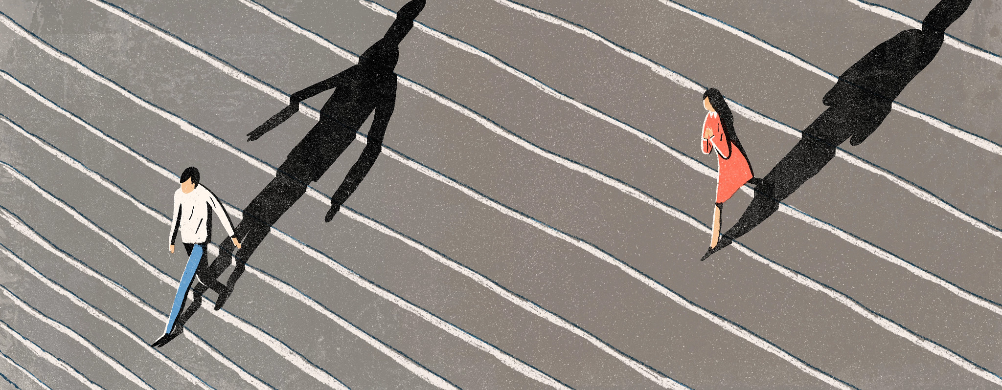 An illustration of a cheating husband walking away from a woman, as she follows behind him.
