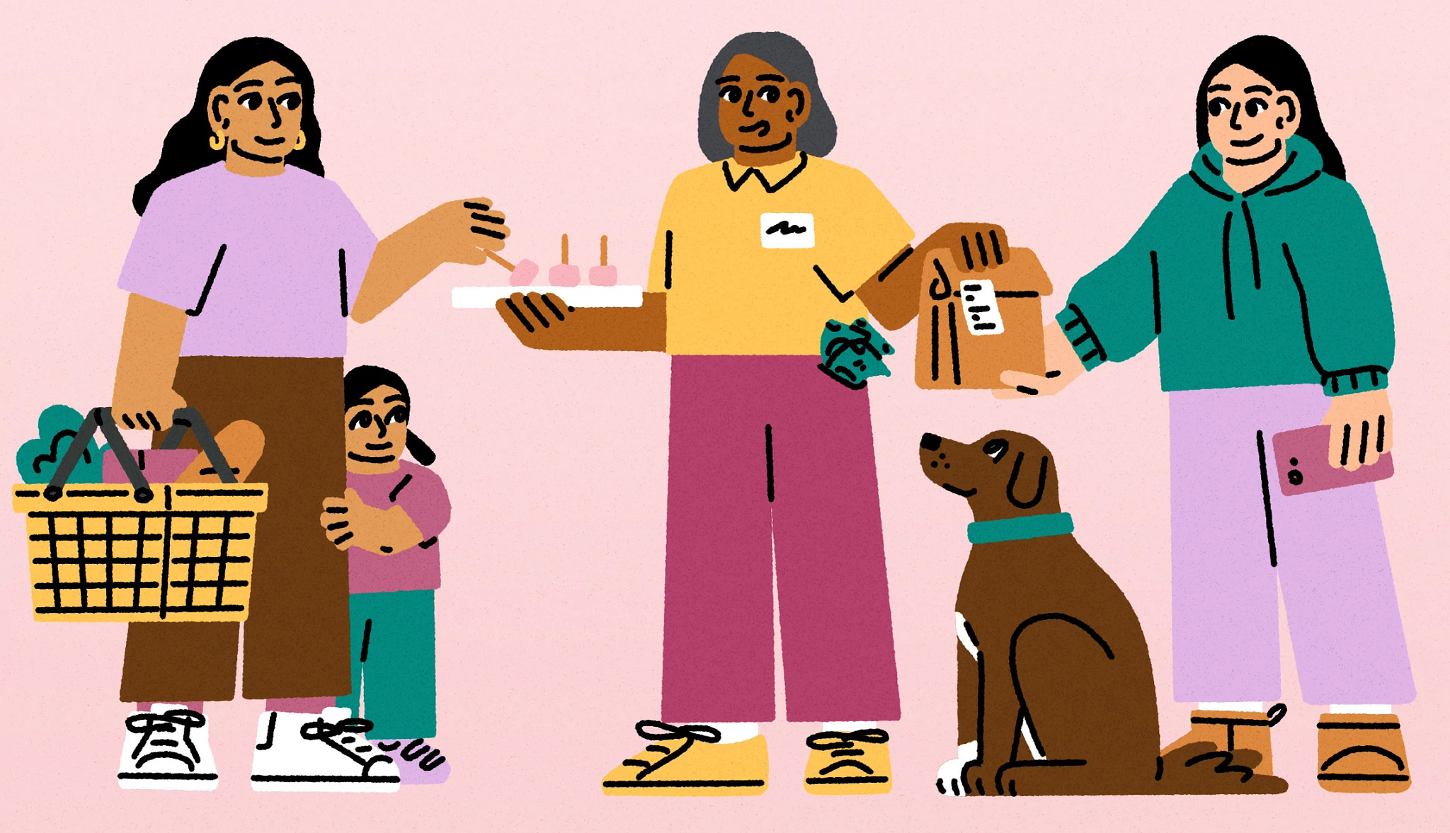Illustration showing one person carrying a shopping basket with produce, another offering snacks on a tray, while a third hands over a delivery box as a dog sits nearby.