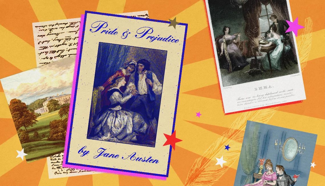 Jane Austen’s 250th Birthday a collage with the cover of 'pride and prejudice' and several images evoking topics in jane austen's novels