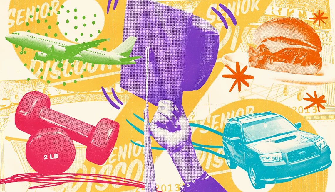11 ofertas y beneficios que puedes recibir después de los 50 ilustración con fotos de colores de un carro, unas pesas de ejercicios, una hamburgues, un avión