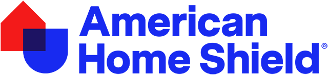 American Home Shield blue lettering American Home Shield with red house symbol overlapping filled in blue u-shape symbol