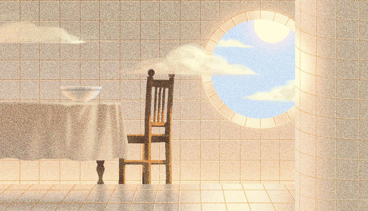 An illustration shows an empty dining table with a large bowl atop it and an empty chair beside it next to an open window. Clouds from outside are floating in through the opening.