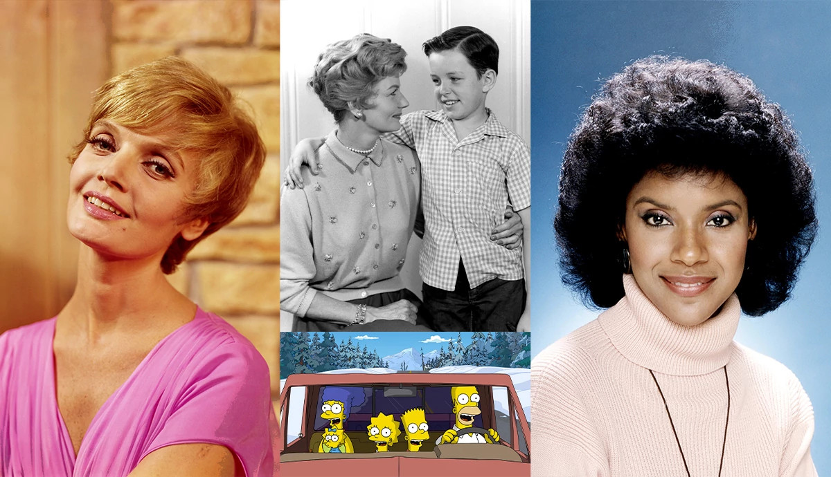 a photo collage combines images of Carol Brady, June Cleaver, Clair Huxtable and the Simpsons