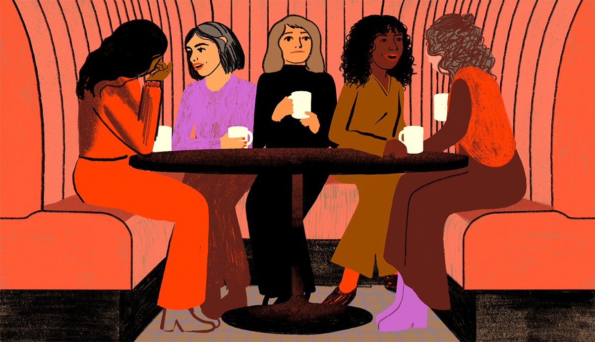 gif illustration of woman feeling excluded sitting in the middle of her friends