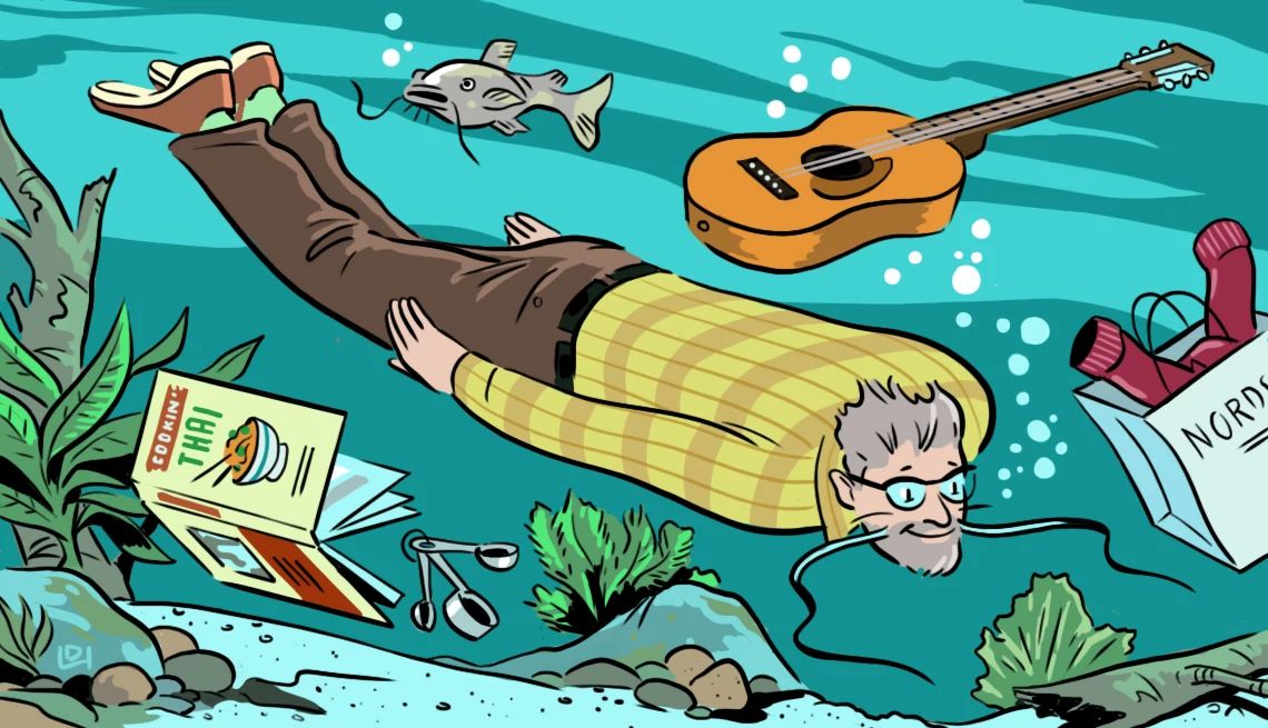 Be Like a Catfish An illustration shows an older adult male, fully clothed with catfish whiskers growing out of his face, swimming completely underwater with a thai cookbook, a guitar, measuring spoons and a shopping bag nearby.