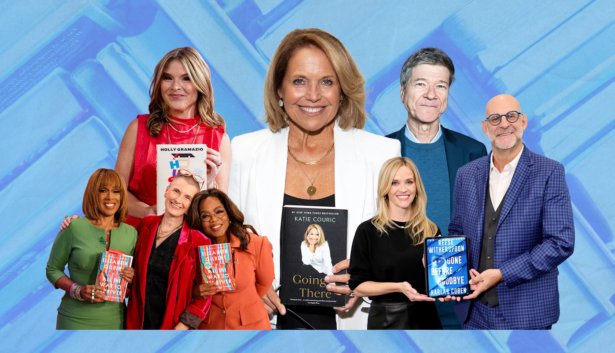 A collage with various online book club hosts holding books