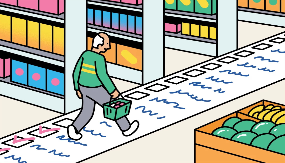 a man walks on a shopping list