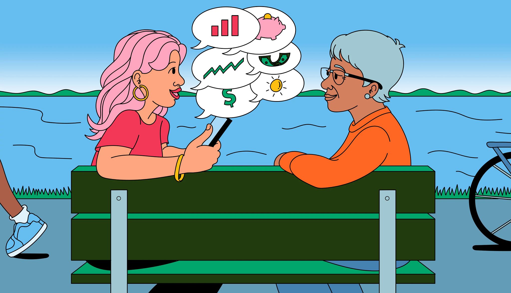 Gen Z Money Lessons a younger woman and older woman have a conversation while sitting on a bench