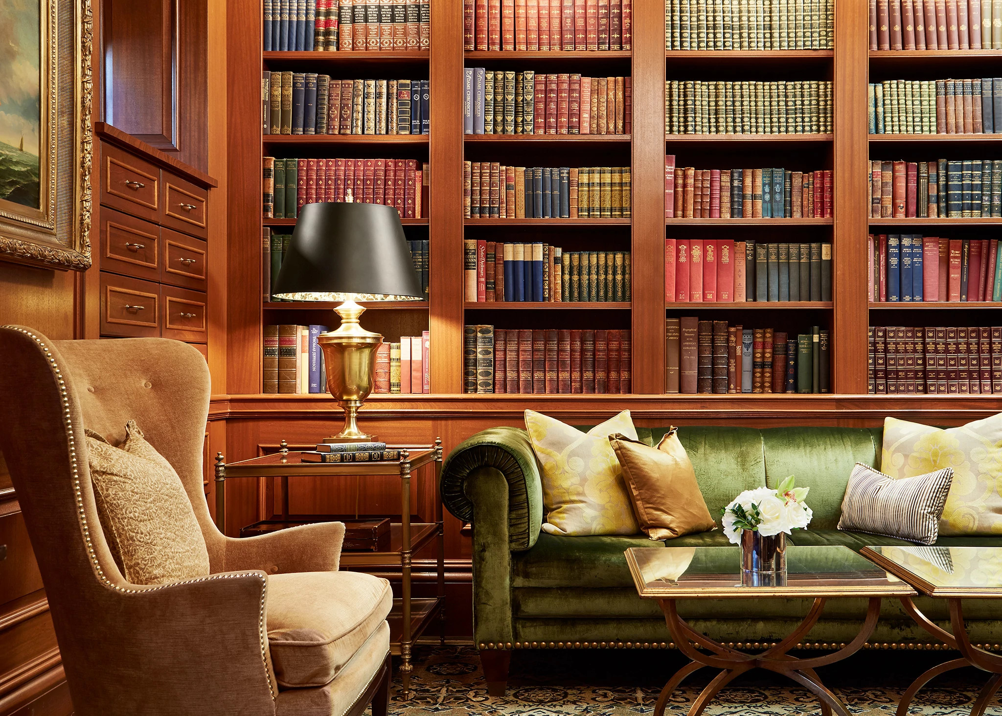 the corner of a cozy library