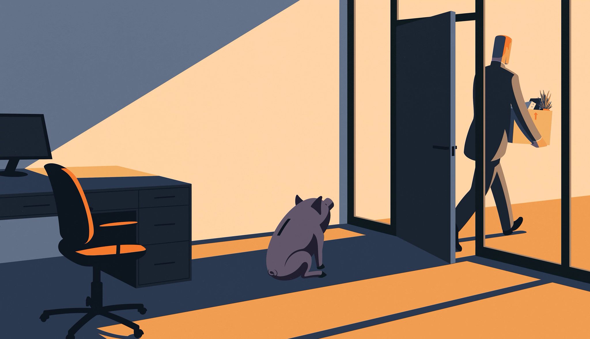 Don't Leave Your 401(k) Behind a piggy bank looks at a figure carrying a box out of an office
