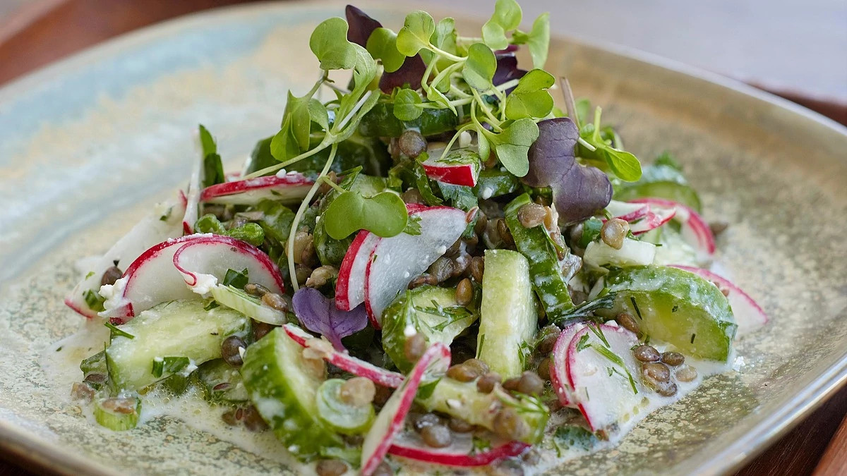 A close-up view of Persian cucumber salad with lentils and sprouts on a plate