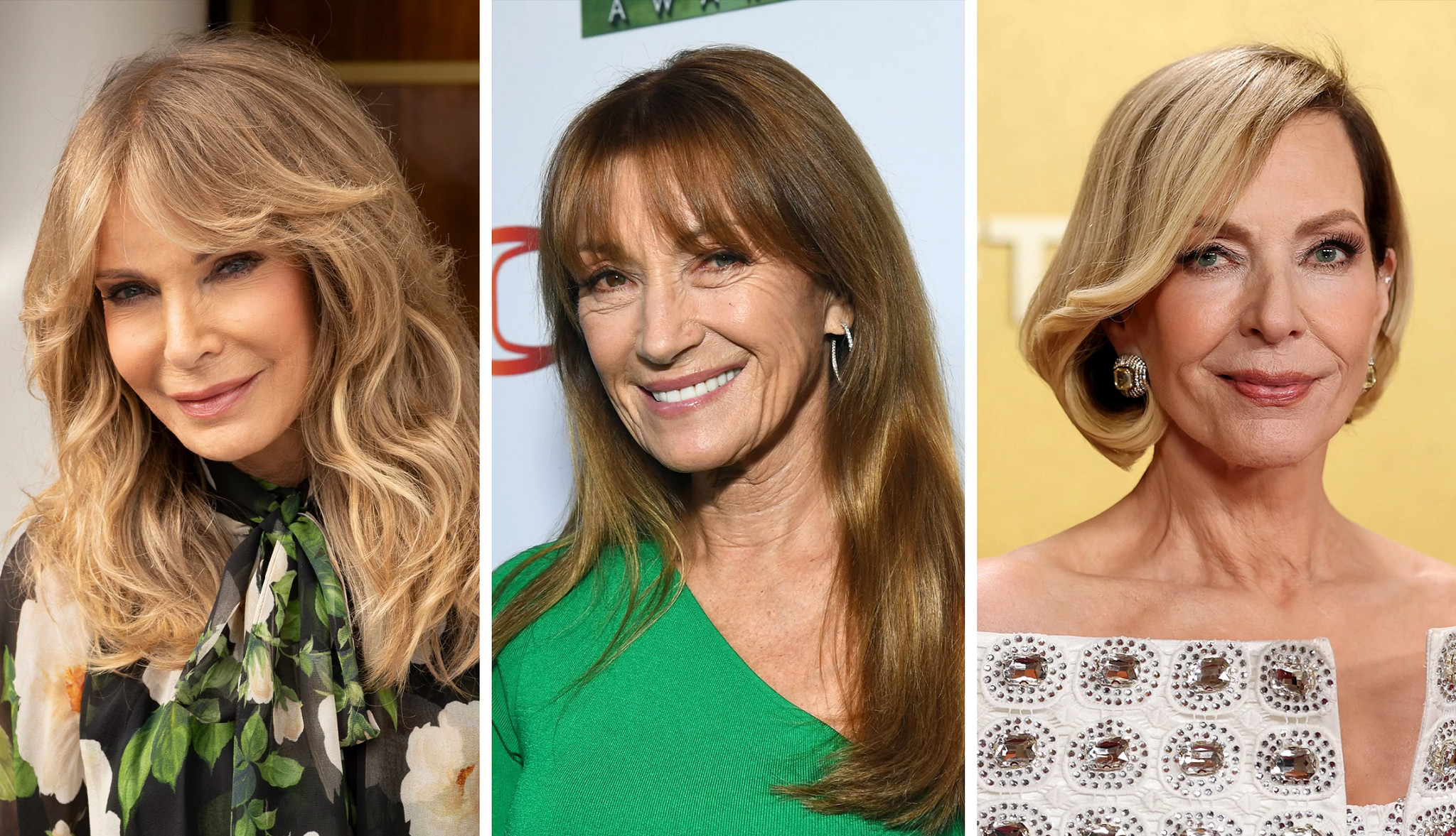 a collage with photos of  Jaclyn Smith, Jane Seymour and Allison Janney
