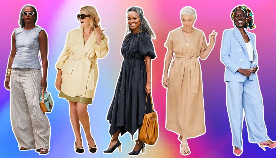 Women's Fashion Over 50 older women in stylish, tailored clothes on a colorful pink and blue background