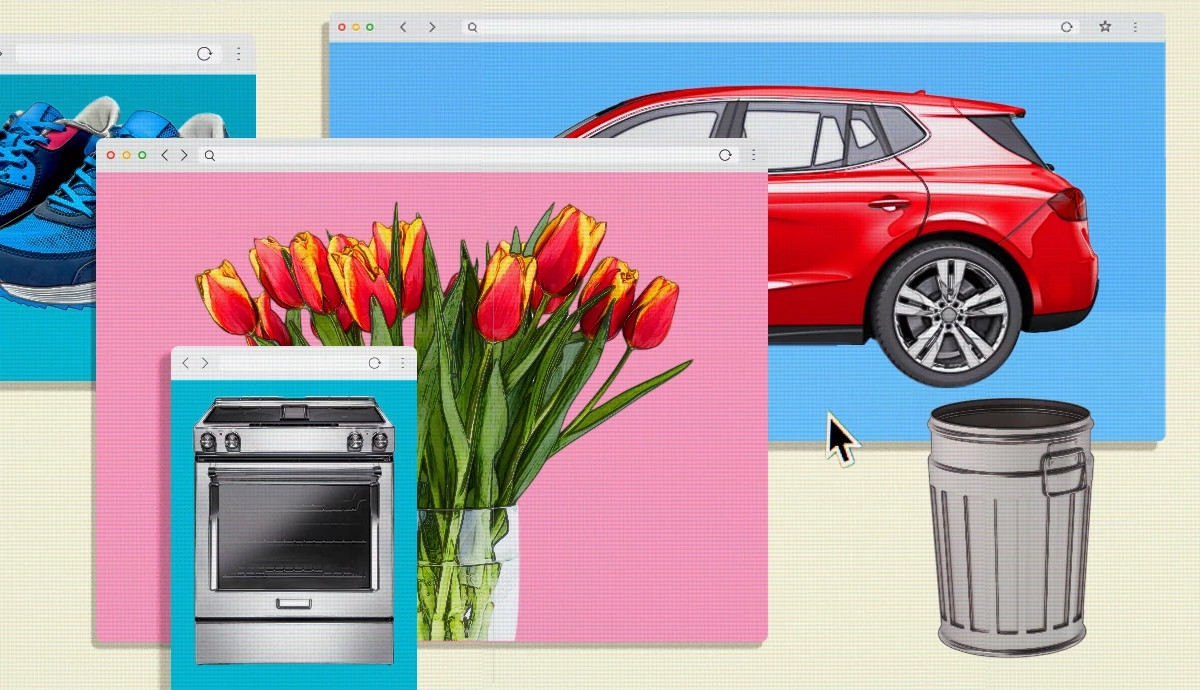 Four web browser windows stacked on a neutral background, displaying different products alongside a trash can