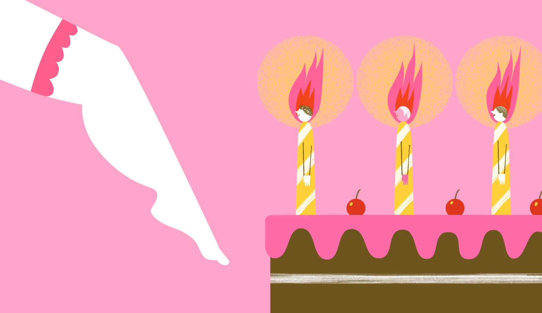 What I Did to Make My Husband Happy birthday cake candles shaped like people watch as a leg enters the frame