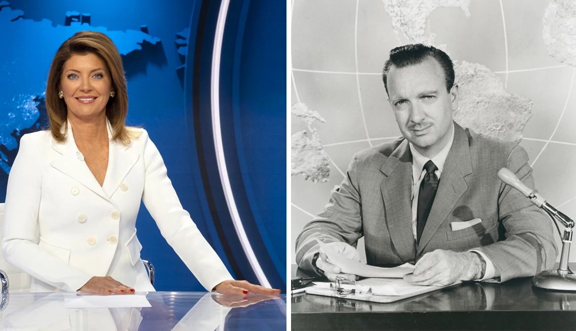 Norah O'Donnell and Walter Cronkite Norah O'Donnell on the set of CBS Evening News and a promotional portrait of American broadcast journalist Walter Cronkite