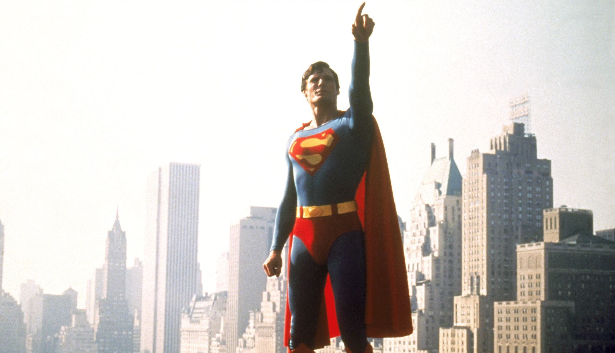 Christopher Reeve in Superman Christopher Reeve pointing up in the air in the film Superman