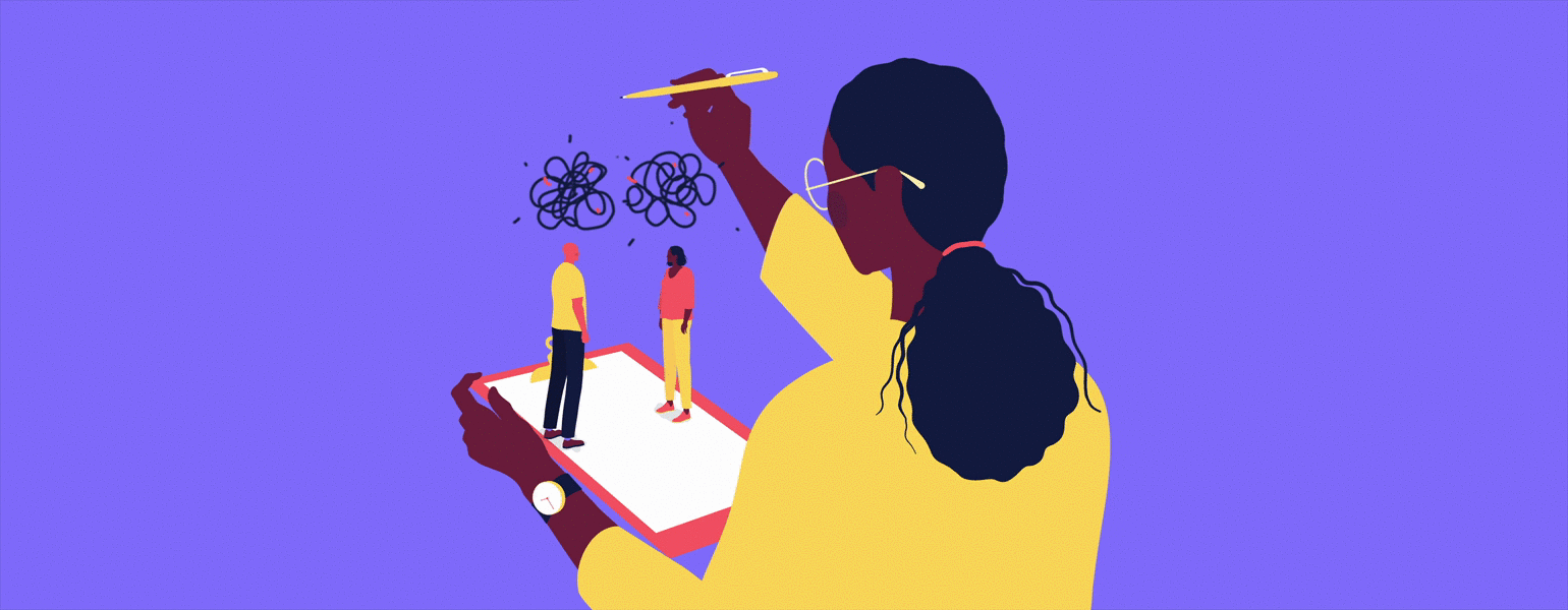 Animation of marriage counselor encouraging couple to speak during therapy session.