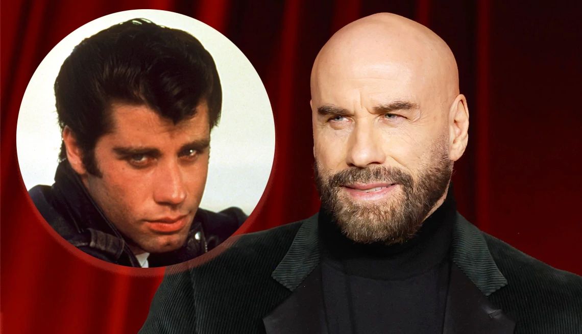 John Travolta Transforms Into Danny Zuko john travolta in a collage with an image of his character from 'Grease'