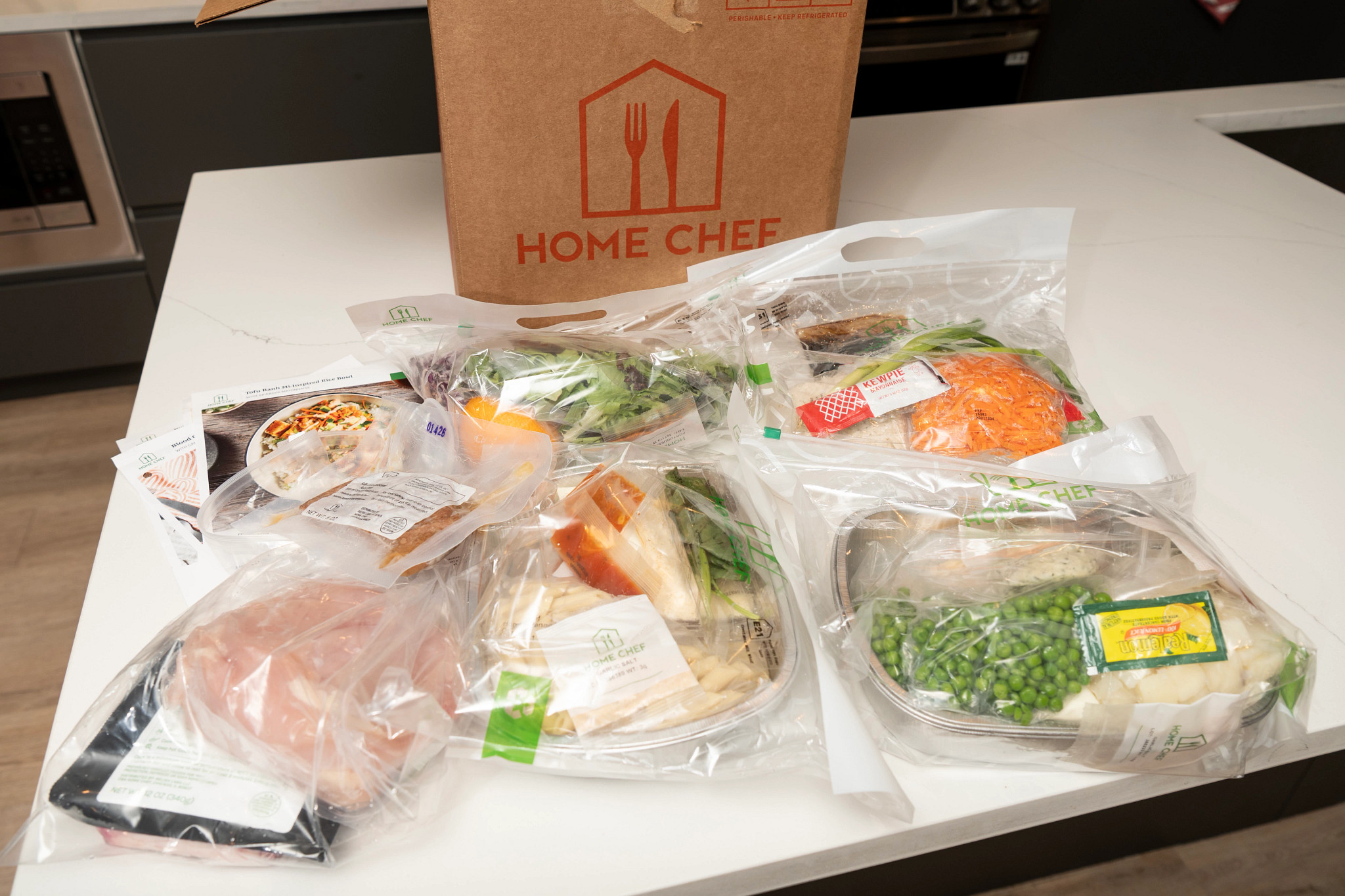 An unpacked Home Chef meal delivery service box.