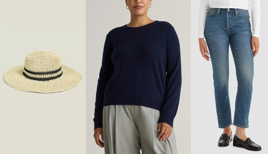 a straw hat, a sweater and jeans