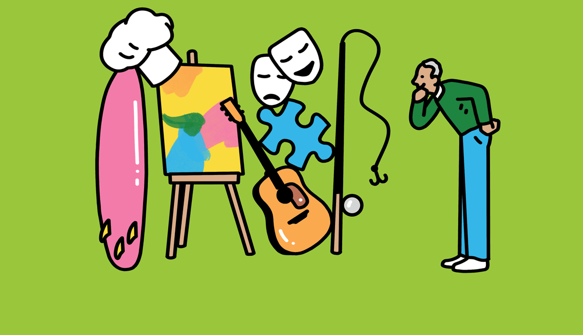 Great Ways to Fill Your Retirement Days Gif of person tapping his feet, staring at fishing pole, guitar, puzzle piece, masks, painting, surf board and chef hat