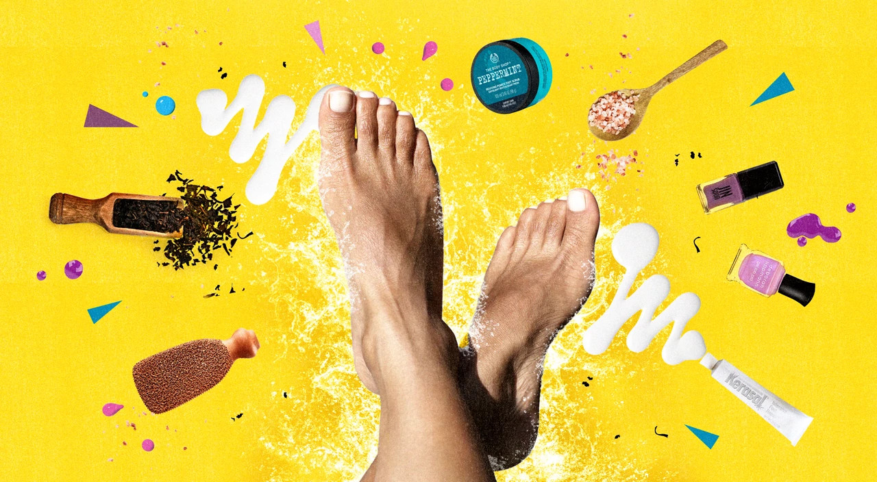 photo collage of feet with different products to improve appearance of feet