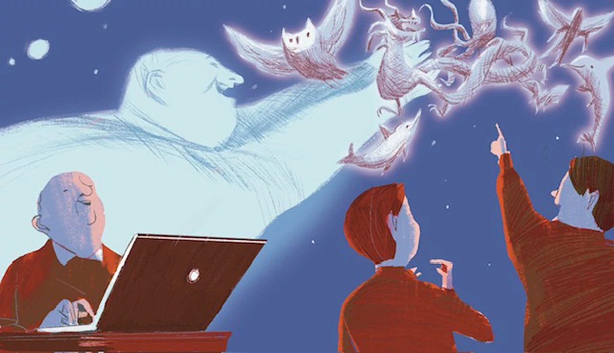 an illustration shows a grandfather at a table using a laptop. In front of the table are two boys pointing at the night sky, where a spectral version of their grandfather is conjuring owls, dolphins and other creatures