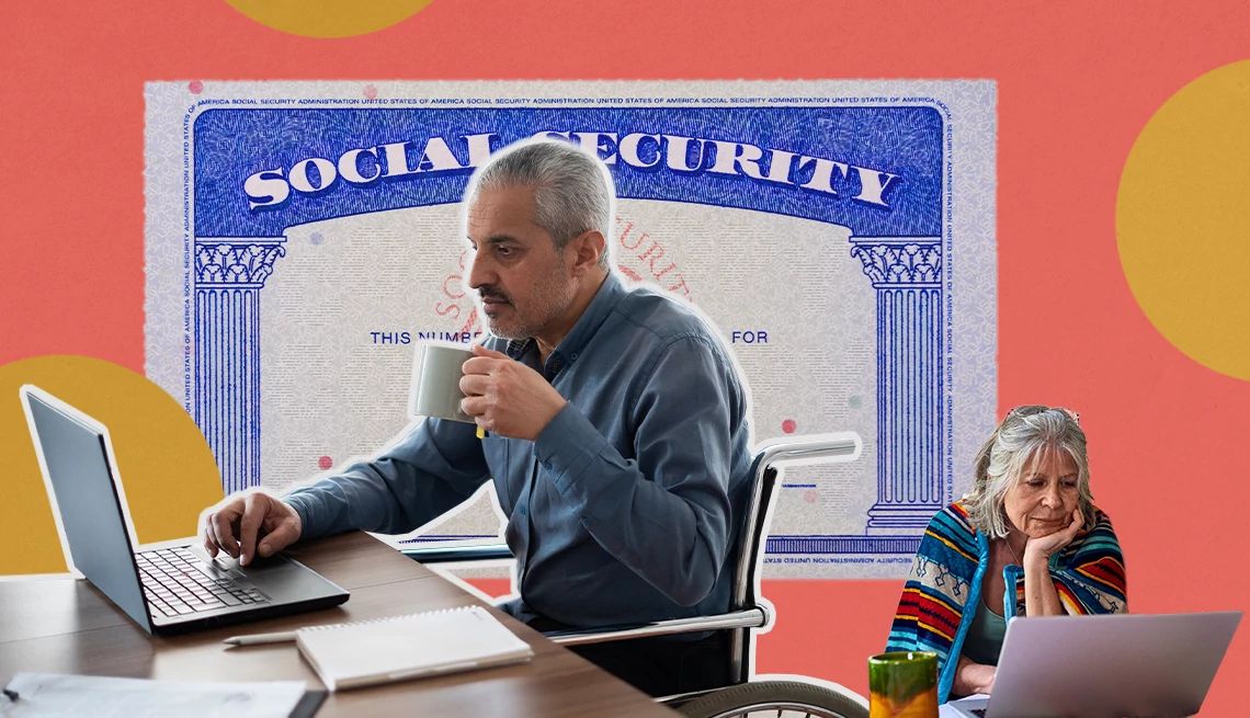 Social Security Weighs SSDI, SSI Changes older adults work on laptops in front of a background of a social security card