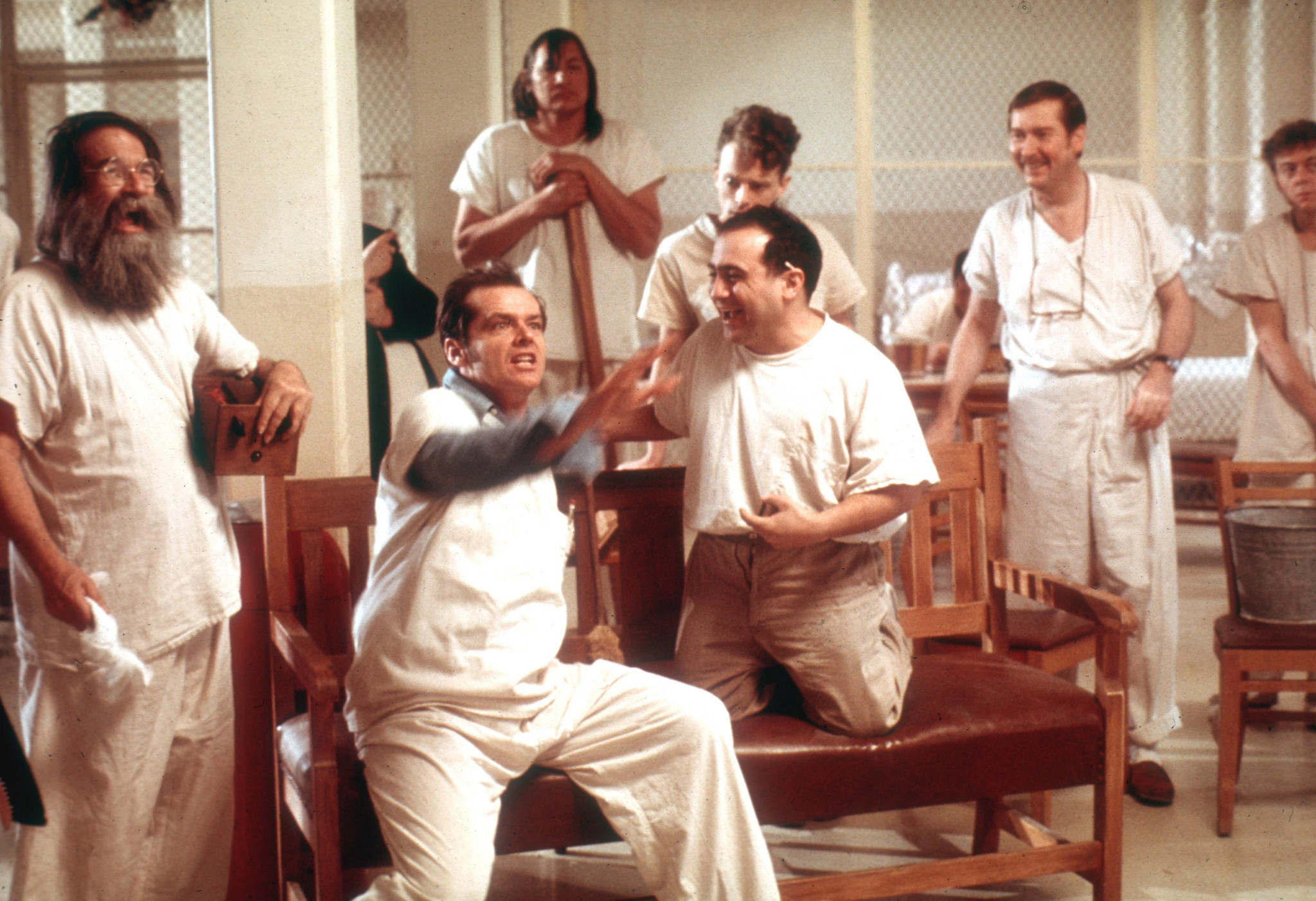 danny devito, jack nicholson and others in a scene from one flew over the cuckoo's nest