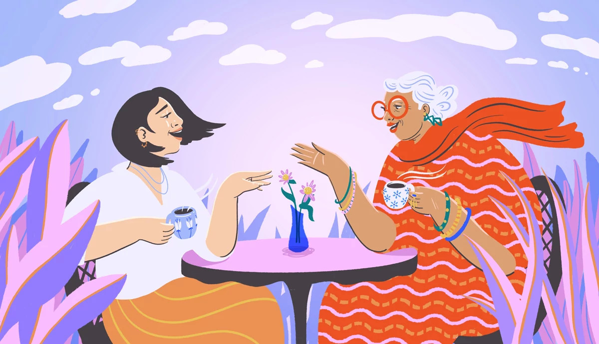 Illustration of two women seated at a table holding their drinks while having a conversation