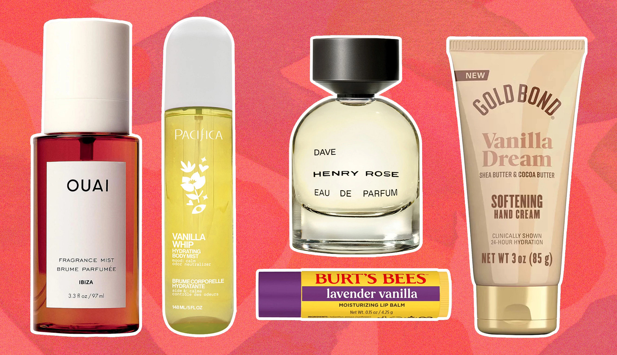 a collage with perfumes and body mists containing vanilla scent notes