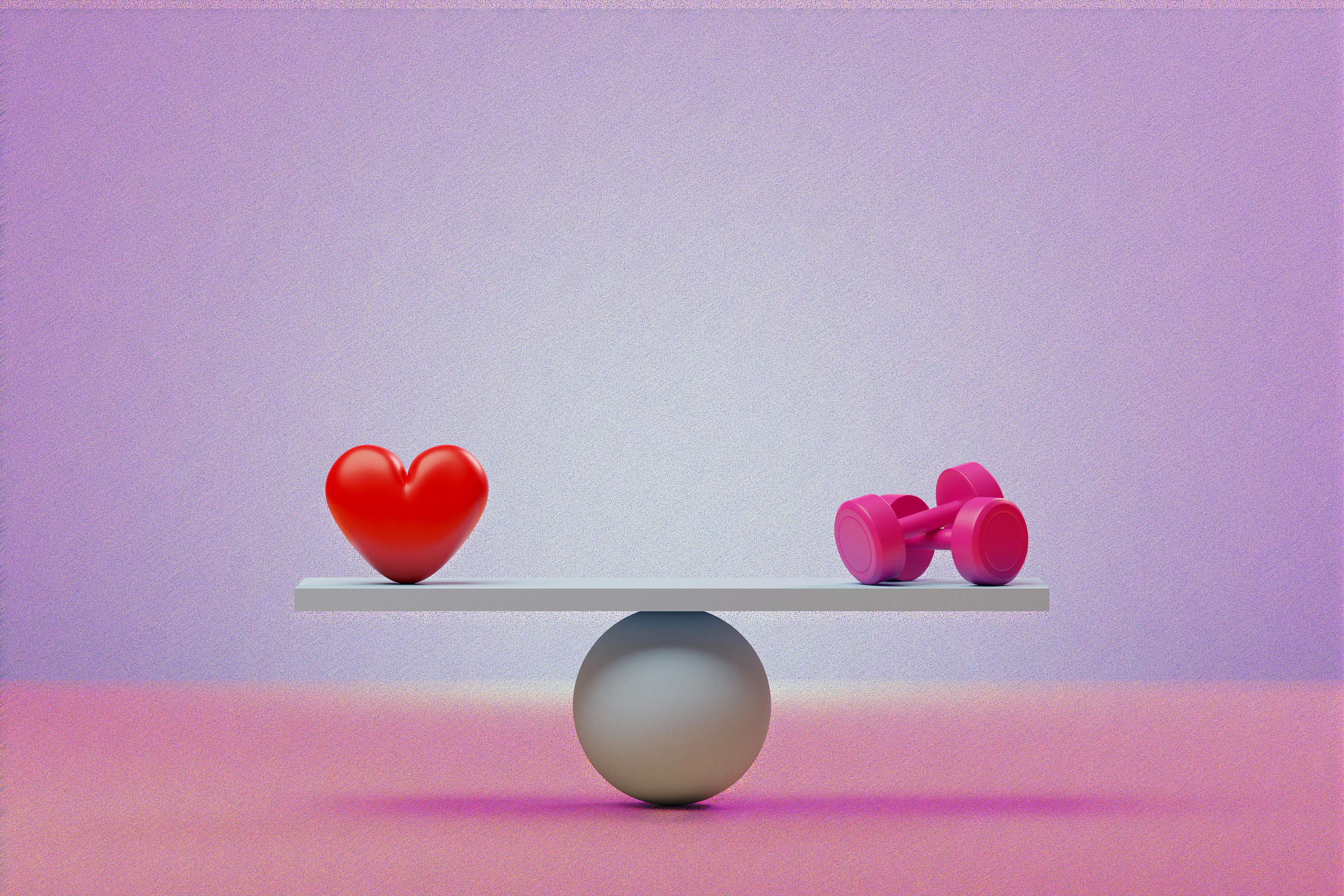 A red heart balancing on a seesaw opposite pink dumbbells, representing heart health and fitness.